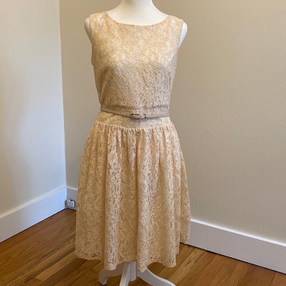 Peach and silver lace LOFT dress with belt